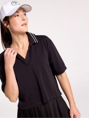 Calia Women’s Seamless Crop Black Polo V-Neck Short Sleeve Top NWT Size M